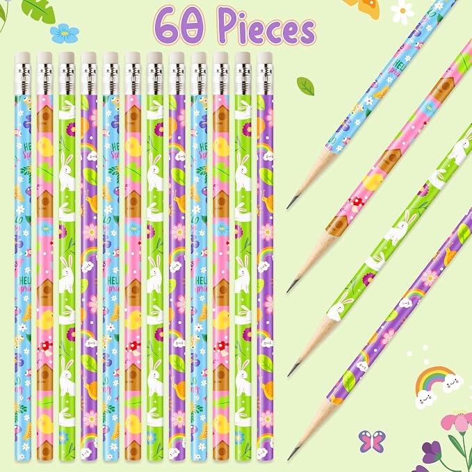 Xqumoi 60Pcs Spring Pencils with Eraser - Hello Spring Flower Rabbit Butterfly #2 HB Pencils, School Classroom Student Rewards Office Supply Holiday Gift Goodie Bag Fillers Stuffers Party Favors