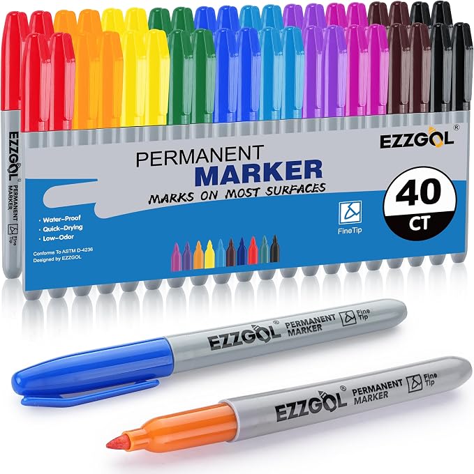 Ezzgol Permanent Markers Bulk, 40 Pack, 10 Assorted Colors,Multicolor Fine Tip Marker,Waterproof, Quick Drying on Paper,Metal,Wood,Plastic for School,Office,Home