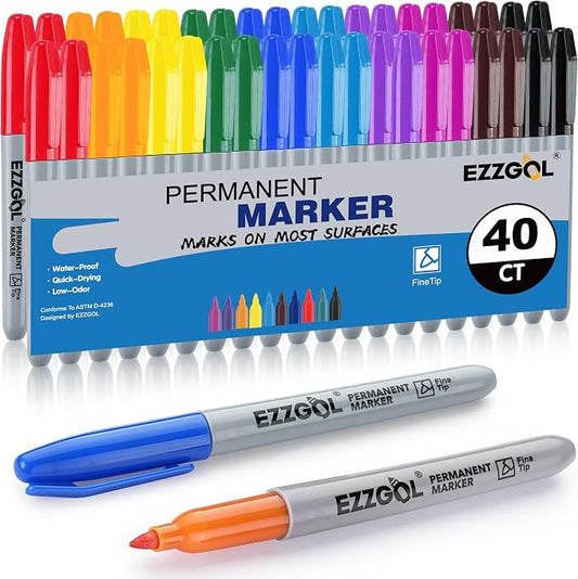Ezzgol Permanent Markers Bulk, 40 Pack, 10 Assorted Colors,Multicolor Fine Tip Marker,Waterproof, Quick Drying on Paper,Metal,Wood,Plastic for School,Office,Home