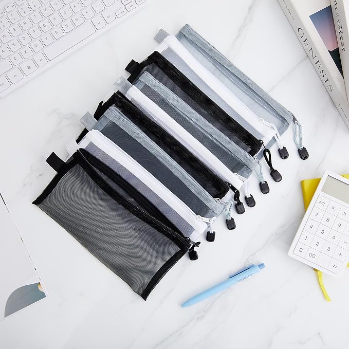 Leelosp 80 Pcs Mesh Zipper Pouch Bulk Mesh Pencil Pouches 10 Color Zipper Bag for Back to Supplies Cosmetic Office Travel Appreciation Gift(Black, Gray, White,9 x 4.7 Inch)