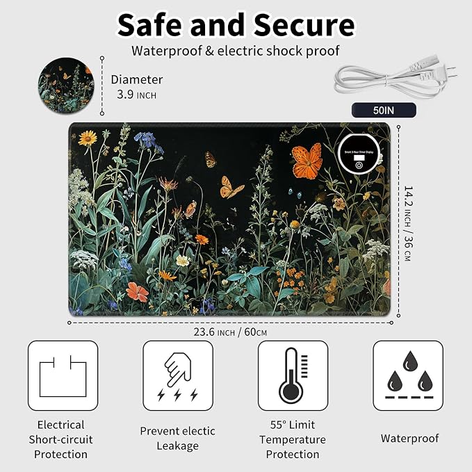 Heated Desk Pad Mouse Pad,Heated Desk Mat,with 3 Heating Levels & 3 Hours Auto Shut-Off,Leather 23.6"*14.2" Gaming Mouse Laptop Mat,Foot Warmer,Floral Plant Butterfly