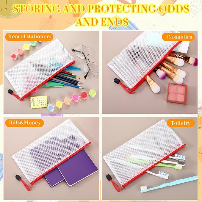 Handepo 100 Pack Mesh Zipper Pouch Pencil Pouches Bulk Clear Storage Bag Small Waterproof Purse Bag Multipurpose for Cash Board Game Passport Office(A6/9.45x4.53in,White Pouch Red Zipper)