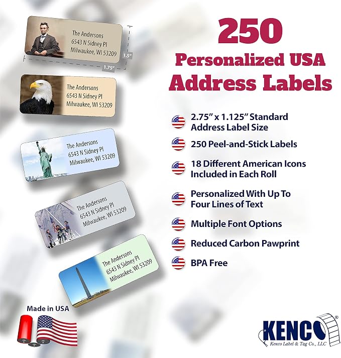 Customized Personalized Address Labels - Made in the USA by Kenco (250 Labels, All American)
