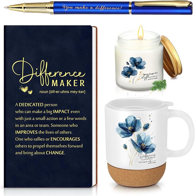 4 Pcs Difference Maker Gift Set Mug Notebook Candle Pen,Dark Blue,Flower