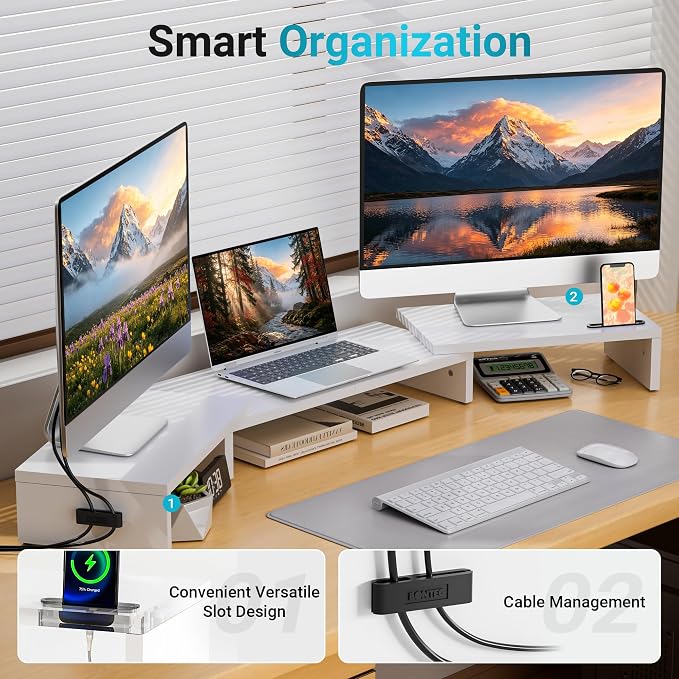 BONTEC Triple Monitor Stand Riser with Smartphone Holder, Adjustable Length & Swivel Angle, Ergonomic Wooden Desktop Organizer for PC Monitor, Laptop, Printer, Large Storage, 53.3 in, White