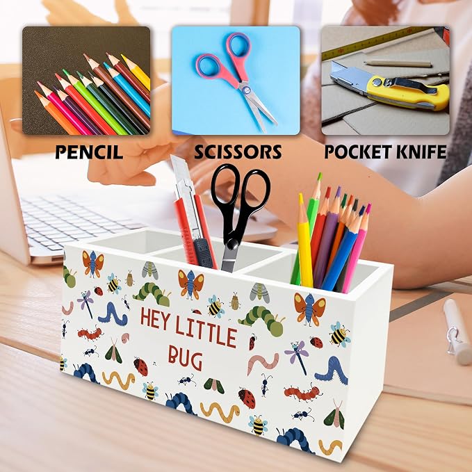 Bug Insect Kids Classroom Pen Pencil Holder Organizer for Desk, Hey Little Bug Wooden Box Signs Decorations for Kids Boys Girls Room Bedroom Playroom Desk Tabletop, Insect Gifts