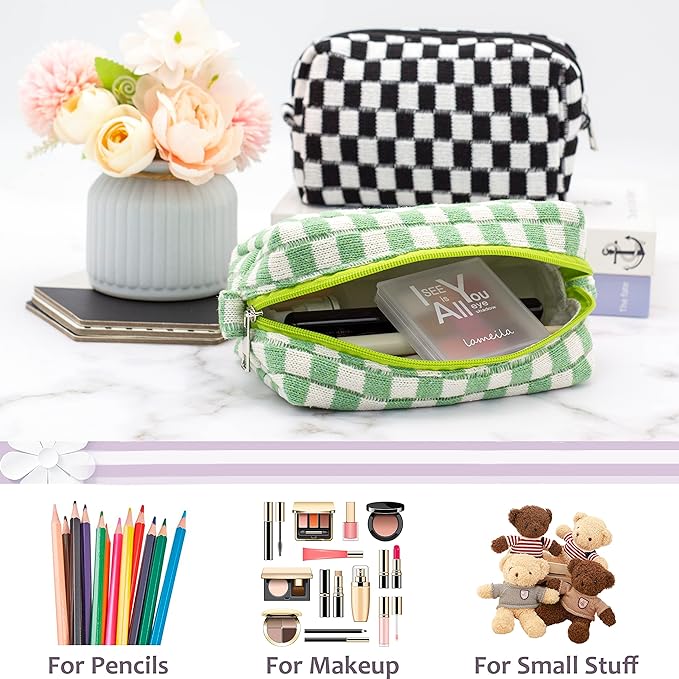 Checkered Makeup Bag for Purse, Small Cosmetic Pouch,Light Green,2 Pack | Cute Zipper Makeup Organizer for Women, Travel Essentials, Toiletries, Makeup Brushes, Beauty Accessories&Bridesmaid Gifts