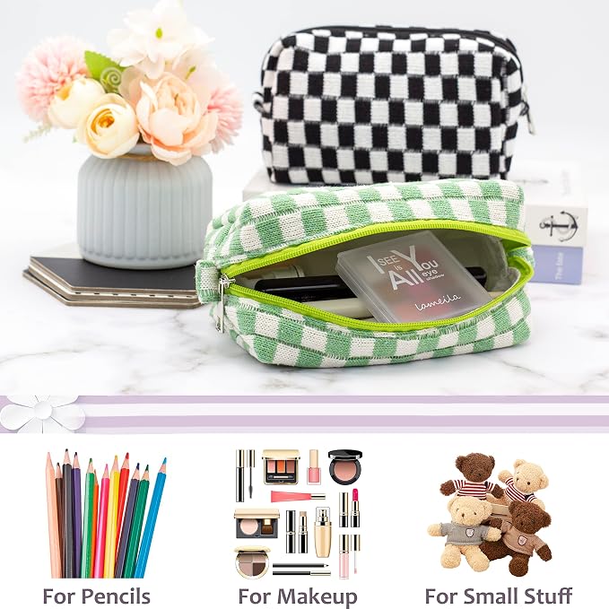 Checkered Makeup Bag for Purse, Small Travel Cosmetic Pouch,Light Green | Cute Zipper Makeup Organizer for Women, Travel Essentials, Toiletries, Makeup Brushes, Beauty Accessories&Bridesmaid Gifts