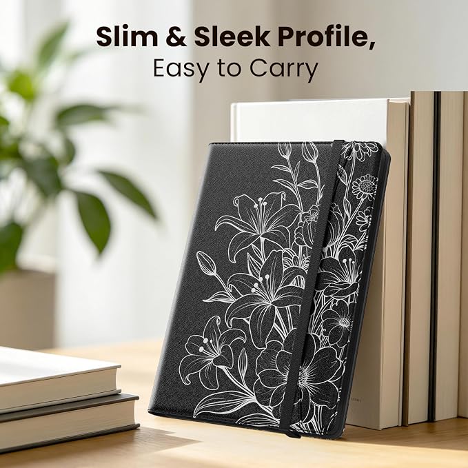 MoKo for Universal 11 inch Android Tablet Case with Pen Holder, Line Flower | Fits All 9.6-11 inch Tablets, Slim 360 Degree Rotating Cover, Multi-Angle Stand, Front Pocket, No fit iPad/NO back opening