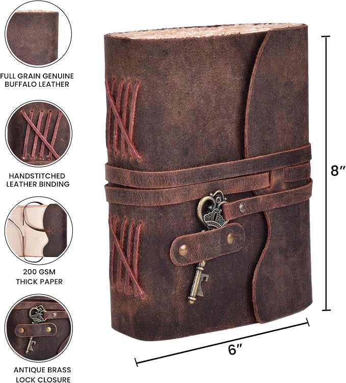 LEATHER VILLAGE Vintage Leather Journal – 200 Handmade Vintage Deckle Edge Paper – Leather bound Journal For Women Men – Vintage Key Closure - Book of Shadows - 8X6 inches (A5) - Fuchsia