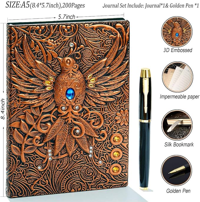 Vintage 3D Phoenix Embossed Leather Writing Journal with Golden Pen Set,A5,200Pages,Antique Handmade Daily Notepad Sketchbook,Travel Diary&Notebook to Write in,for Women Men (Red Bronze)