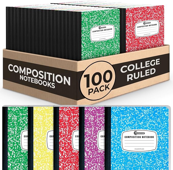 Rosmonde 100 Pack Bulk Composition Notebooks College Ruled, 200 Pages (100 Sheets), 9-3/4 x 7-1/2, Bulk School Supplies, Bulk College Ruled Notebooks, Bulk Assorted Colors Marble Notebooks for School