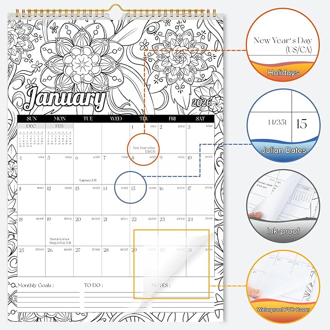 Ospelelf Wall Calendar 2026 - 2027 Hanging Coloring Calendar 12'' x 17'', Monthly Kids Calendars Planner with Plastic Cover, 18 Month Doodle Calendar for Family, Office, Use Jan 2026 - June 2027, Floral