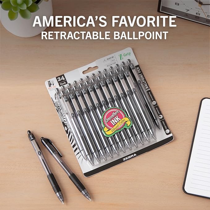Zebra Pen Z-Grip Retractable Ballpoint Pen, Smooth-Flowing Black Ink, 1.0mm Medium Point, School & Office Supplies, Ideal for Note-Taking, Journal and Planner Use, 24-Pack (12221)