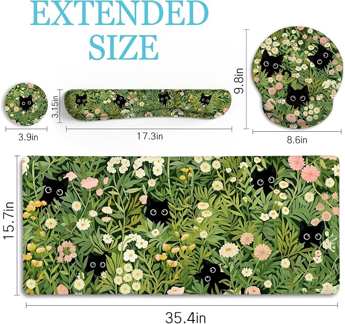 LIMKRIAN Cat Mouse Pad with Wrist Rest, Green Office Desk Accessories | Desk Mat Sets Accessories, Gaming Ergonomic Mouse Pad Wrist Support, Keyboard Mat Wrist Rest, Cup Coaster, Cute Desk Decor