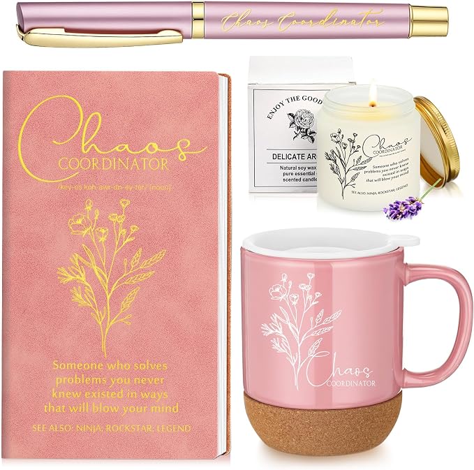 Sayglossy 4 Pcs Pink Chaos Coordinator Gift Set Back to School Gift for Teachers Women Men Notebook Coffee Mug Scented Candle Ballpoint Pen for Teacher Assistant Principal Class School Staff Coworker