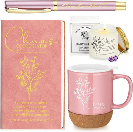 Sayglossy 4 Pcs Pink Chaos Coordinator Gift Set Back to School Gift for Teachers Women Men Notebook Coffee Mug Scented Candle Ballpoint Pen for Teacher Assistant Principal Class School Staff Coworker