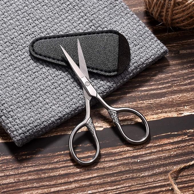 Small Precision Scissors, 3.5in Beauty Grooming Kit | Stainless Steel, Multi-Purpose Travel Tools for Facial Hair, Eyebrow, Eyelash, Beard, Moustache Trimming, with PU Sheath