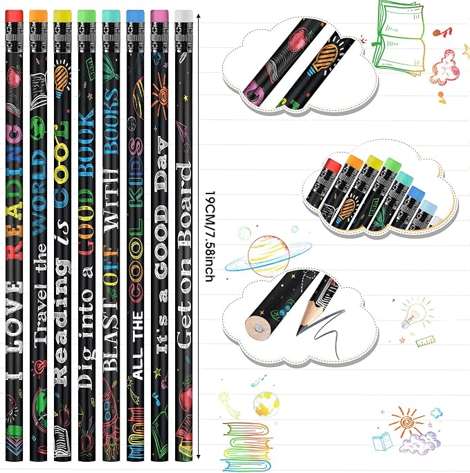 Pasimy 240 Pcs Reading Motivational Pencils Bulk Black Novelty Wooden Pencils with Eraser Classroom Inspirational Pen with Sayings for Kids Student Teacher School Reward Gifts Stationery Party