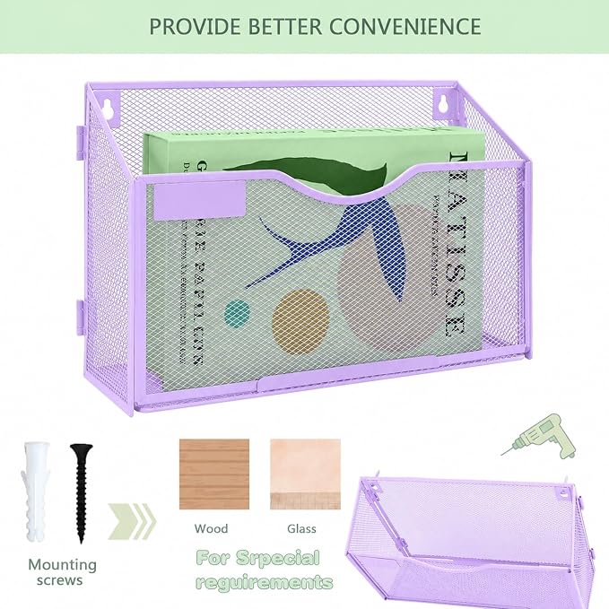 1 Pocket Mesh Wall File Holder Organizer Office Hanging File Folder Magazine Rack, Nametag Label Hooks Set Included (Purple)
