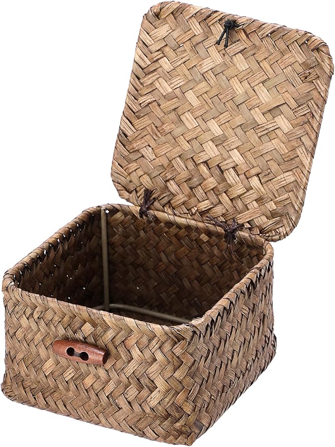 Seagrass Basket with Lid Natural Seagrass Storage Box Square Handwoven Basket Box for Shelf Multipurpose Desktop Organizer Bin for Key Candy, 4.7" x 2.7"
