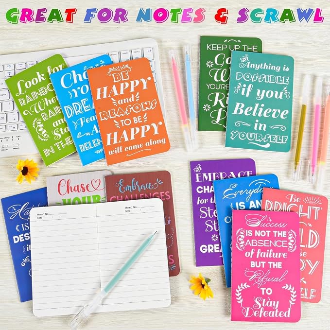 12 Pcs Mini Inspirational Notebooks Bulk with 12 Colorful Pens， 3.5"x5.5" | Small Pocket Journal Notepads Set, Motivational Bulk Gifts for Women Men Teacher Students Kids, End of School Year Gift Bulk