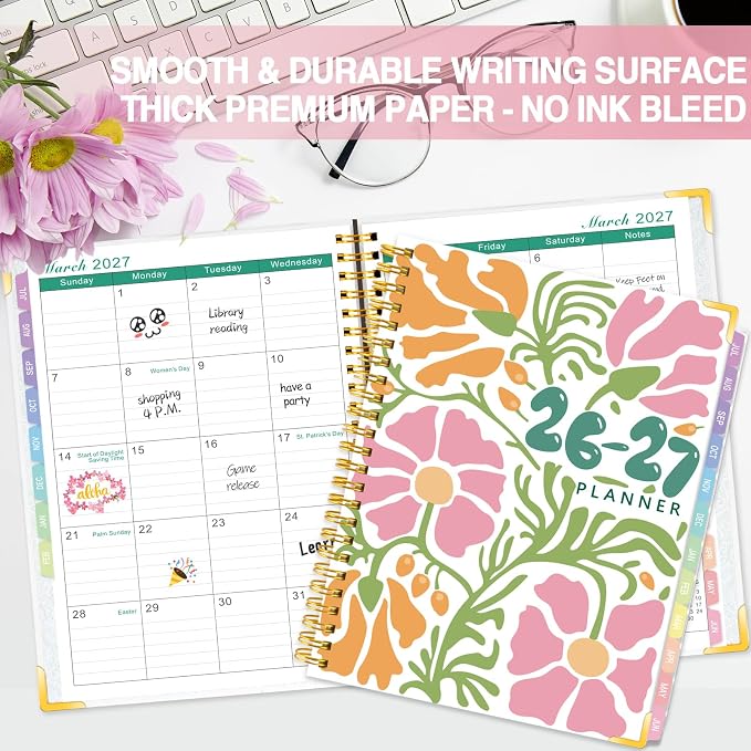 GuassLee 2026-2027 A5 Planner – Weekly & Monthly Planner Organizer Jul 2026 - Jun 2027, Abstract Floral Daily Agenda Planning Book with Hardcover, Pocket, Stickers & Tabs for Women Students Office