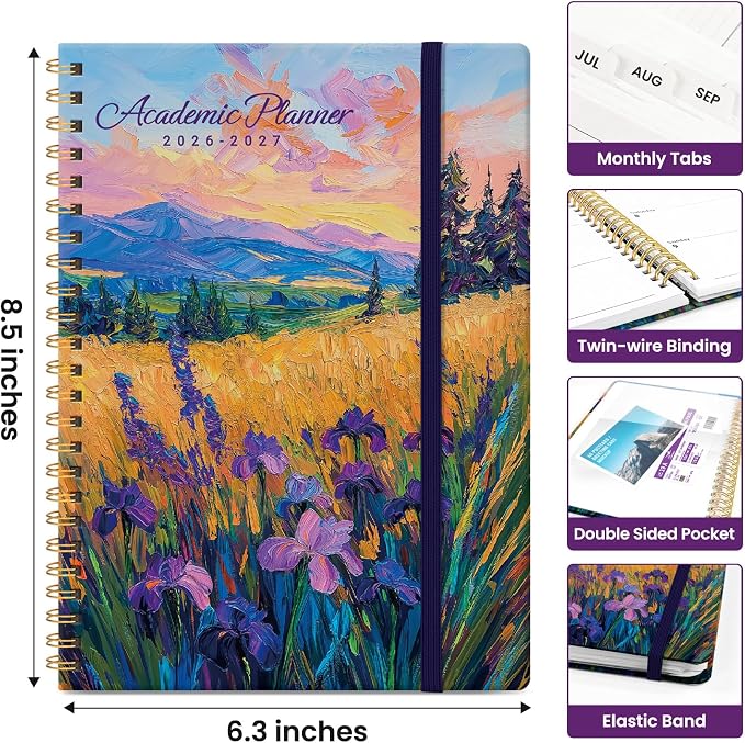 Planner 2026-2027, Academic Year Monthly and Weekly Calendar Planner, Jul 2026 - Jun 2027, Hardcover Teacher Student Planning Agenda book with Tabs, Perfect for School Office Supplies, 6.3" x 8.5" - Golden Meadow
