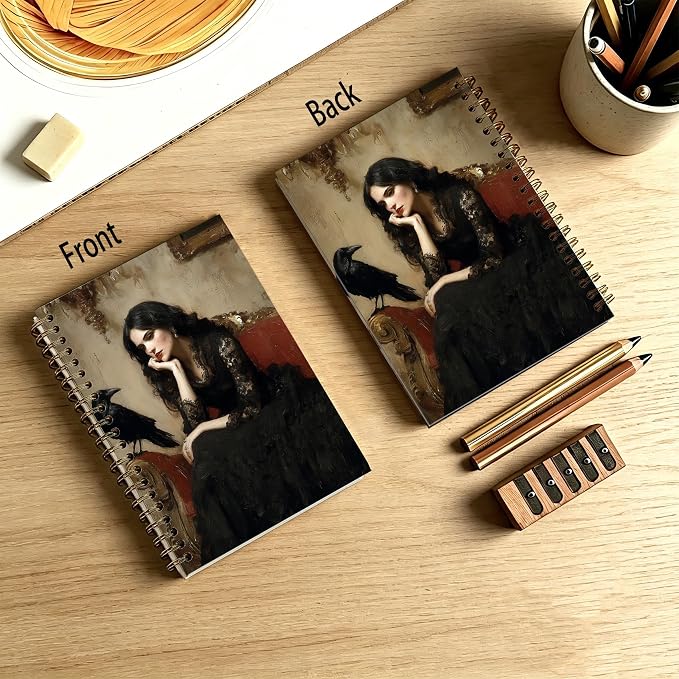 HOXUNQINA Dark Academia Gothic Lady and Raven Journal Notebook 5.5x8.3 | Raven Gifts for Women Journal, Gothic Office Supplies, Vintage Dark Romance Moody Aesthetic Notebooks for Work