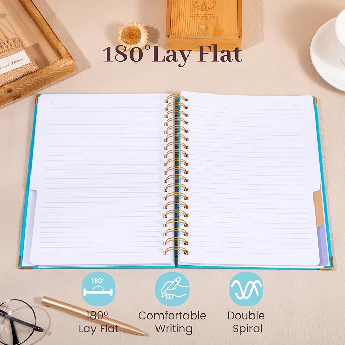 Hardcover Spiral Notebook with Tabs 8"x10" Large Spiral Lined Journals for Women with Dividers 240 Pages College Ruled Composition Notebook 5 Subject Notebook for Work, Back to School, Gifts, Blue