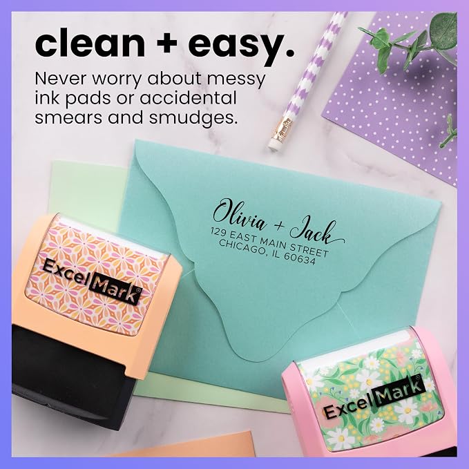 ExcelMark Address Stamp - Custom Return Address Stamp with Elegant Designs, Vibrant Colors & Patterns – Perfect for Mail, Invitations & Gifts (Seafoam, Signature Script)