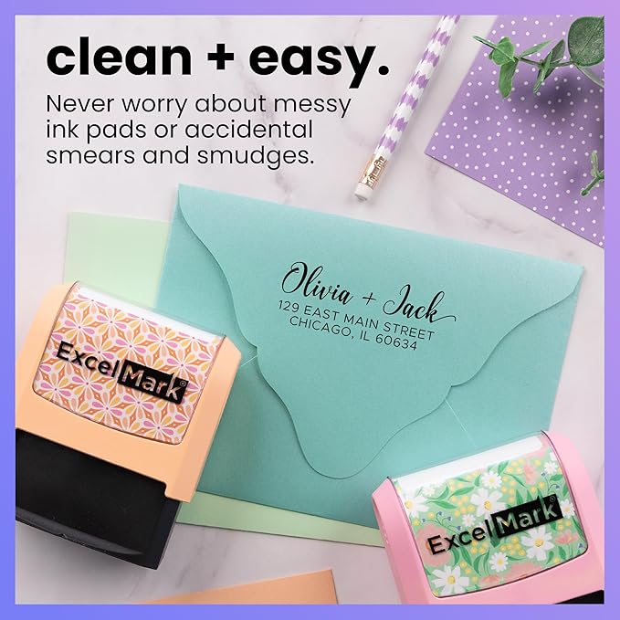 ExcelMark Address Stamp - Custom Return Address Stamp with Elegant Designs, Vibrant Colors & Patterns – Perfect for Mail, Invitations & Gifts (Black, Signature Script)