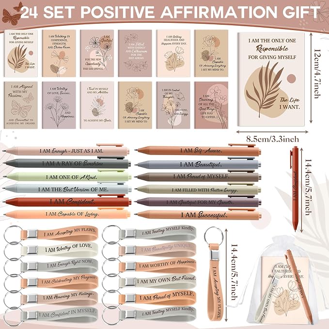 Mooliwe 24 Set Positive Affirmation Gift Set Gratitude Notebooks with Pens Keychains Small Bags Motivational Party Favors for Adult Women Coworkers Employee Group (Graceful)