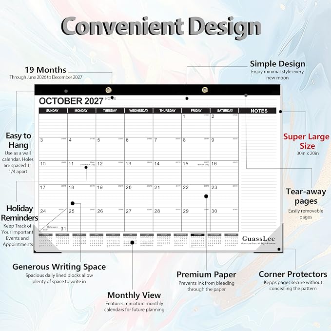 GuassLee Extra Large Desk Calendar 2026, 19 Months Jumbo Desk/Wall Calendar from Jun. 2026 through Dec. 2027, 30 x 20 Inches Hanging Planner with Julian Date, Notes for Home School Office Organizing