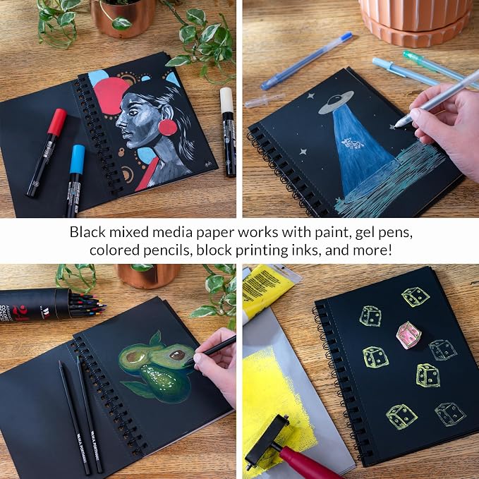 WA Portman Black Paper Sketchbook 2-Pack A5 (6" x 8.25") – 140 GSM Acid-Free Black Paper Notebook, 60 Pages (30 Sheets) Spiral Scrapbook Journal, Mixed Media Sketch Drawing Pad for Kids & Adults
