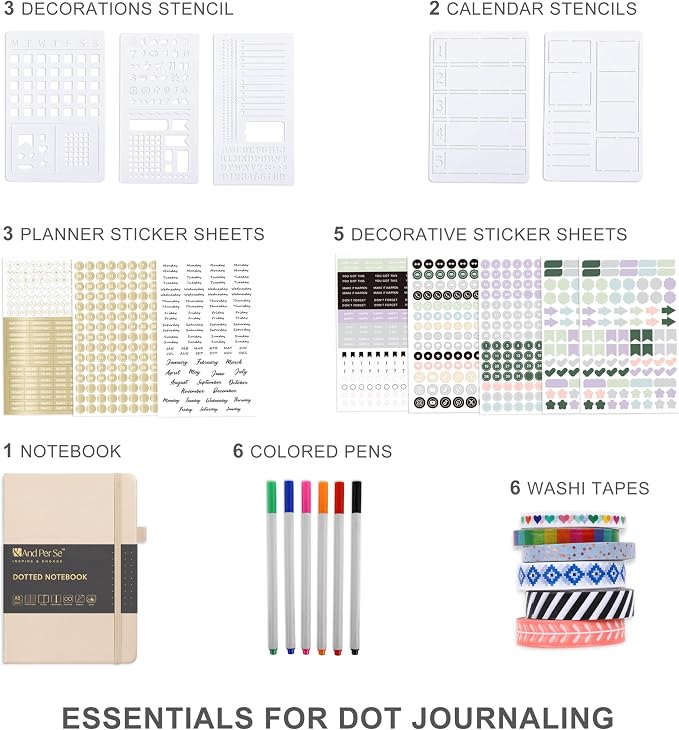&And Per Se Dotted Journal Kit, A5 Hardcover Dot Grid Journal Notebook Set for Beginners with Journaling Supplies Stencils, Stickers, Washi Tapes & Colored Pens Accessories (Light Apricot)