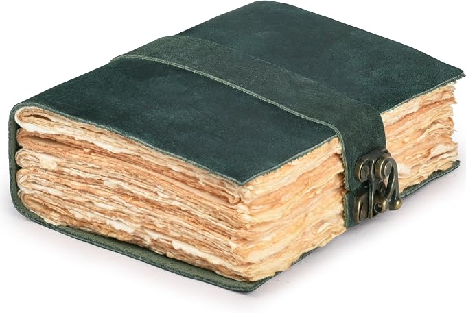LEATHER VILLAGE Leather Bound Vintage Journal for Women & Men - Book of Shadows - Lock Closure - 200 Pages of Antique Deckle Edges Handmade Watercolor Paper - Turquoise - 13X8 inches