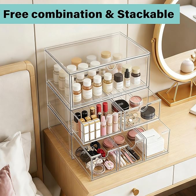 Prsildan 6 Small Drawers Stackable Storage Drawer Clear Acrylic Organizer | Makeup Organizers, Vanity Bathroom Kitchen Cabinets Under Sink Home Organization, 3 Pack