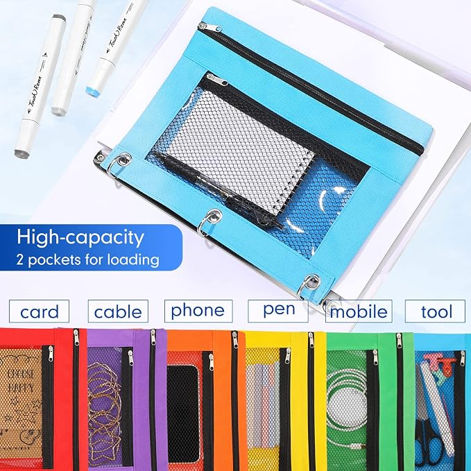 Leelosp 60 Pack Pencil Pouch for 3 Ring Binder Mesh Zipper Pencil Case Bags Binder Pouches Bulk for Writing Utensils Storage Supplies (Red,Orange,Yellow,Green,Aqua,Purple)