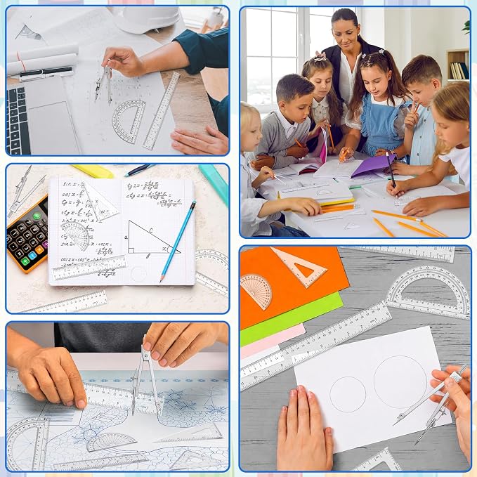 Coopay 7 Pcs Geometry Kit with Ruler, Triangle Ruler, Protractor and Compass Set | 12'' & 6'' Straight Rulers, 45°/60°Triangle Ruler, 6" & 4" Protractors, Compass, Geometry, Drafting, Math, School, Office