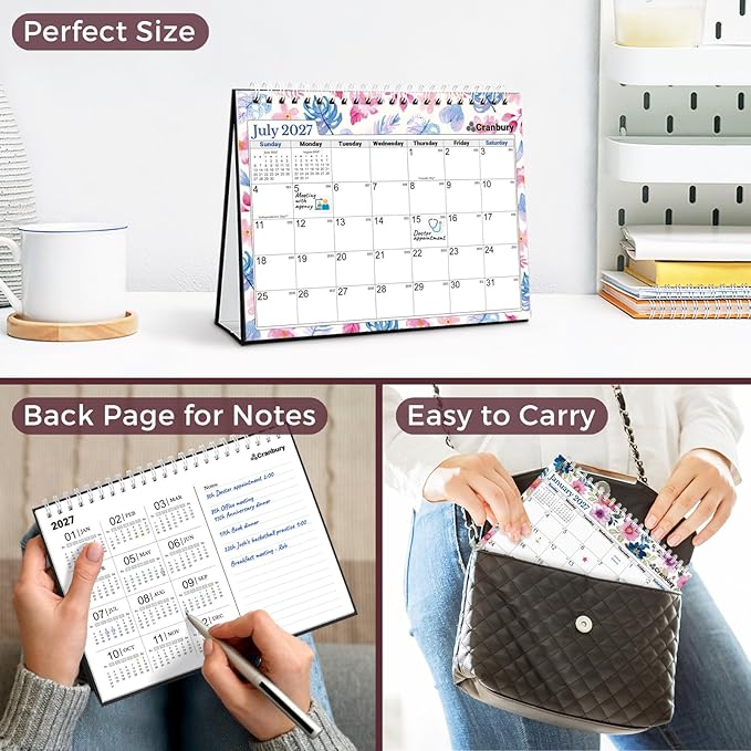 CRANBURY Small Desk Calendar 2026-2027 Standing Flip, July 2026 to Dec 2027, 8x6 Desktop Calendar with Stickers, 18 Months Desk Planner for School & Office, Spiral Bound, Floral Design