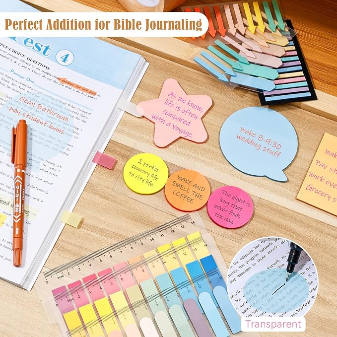 BAYTORY 1700 Sheets Transparent Sticky Notes, See Through Sticky Tabs | Book Annotation Kit for Bible Study, 4Pcs Double Marker Pens, Transparent Index Tabs for Annotation Kit (Light Colors)