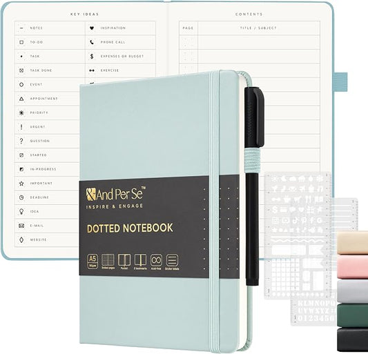 &And Per Se Dotted Notebook, A5 Hardcover with Journal Dotted Pages, Journal Stencils & Pen, 176 Numbered Pages for Beginners Women Men (Cyan)