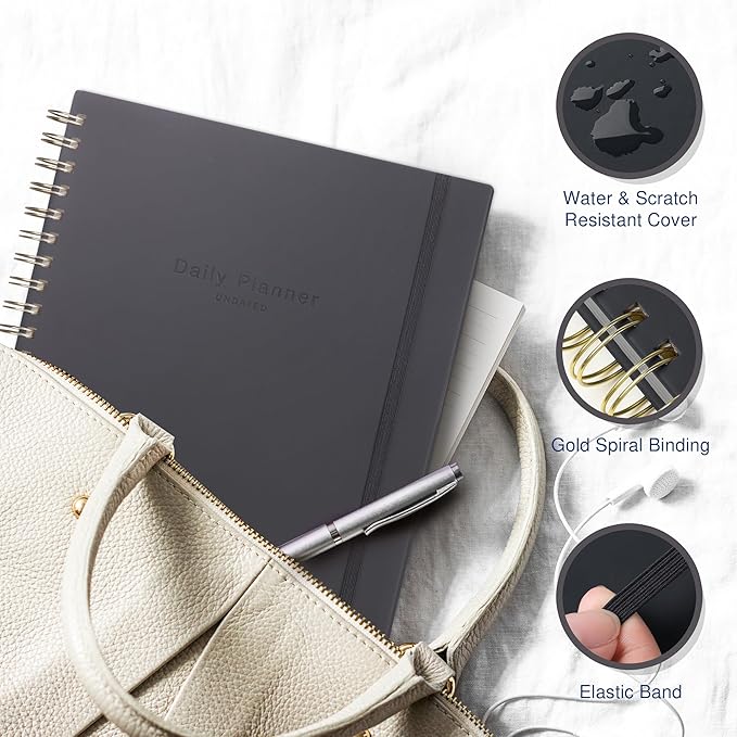 AuroPlanner Undated Daily Planner To Do List Hourly Schedule 2028 2027 2026 Calendar & Holiday Habit Tracker 180 Pages Letter Size 8.5" x 11" Sheets Hardcover Spiral Bound Notebook (Black)
