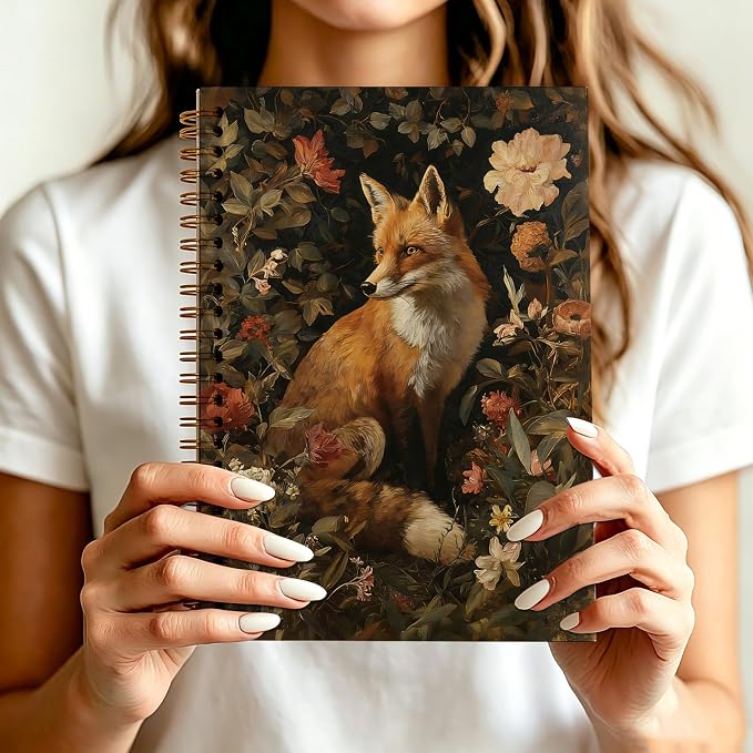 Vintage Floral Fox Journal Notebook 5.5x8.3, William Morris Inspired Wildlife Journal, Fox Gifts for Women, Dark Cottagecore Botanical Notebooks for Work