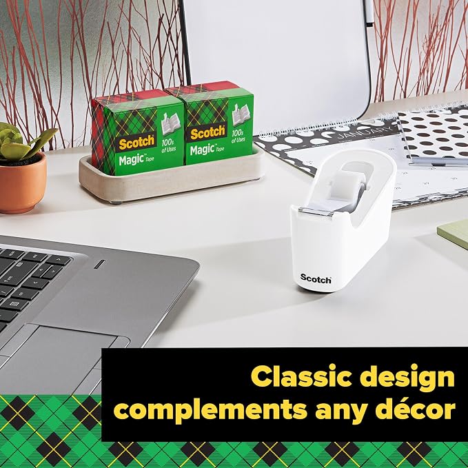 Scotch Tape Dispenser,White,Great for School or Office and Includes 1 Roll of Scotch Magic Tape 3/4 in x 350 in,ABS Material,(Pack of 4)