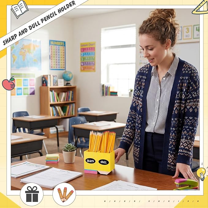 DoubleFill 1 Pcs Normal Pencil Shaped Holder Sharp Dull Holder Wooden Dispenser Pencil Storage with Classic Composition Notebook Design for Back to School Teachers Classroom Organization Accessories