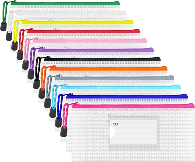 Plastic Mesh Zipper Pouch, 12Pcs Zipper File Bags with Label Pocket, Game Boards Storage Bags, Waterproof Document Storage Bags for Office Home Travel (Receipt Size 9.2x4.1 in)