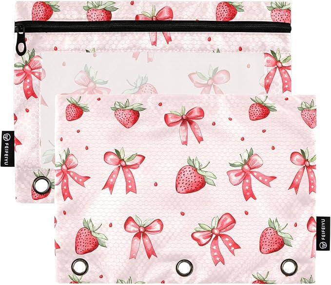 Strawberries Bows Pink Pencil Pouch for 3 Ring Binder 2 Pack Zipper Binder Pencil Bag with Clear Window Pencil Case for Office Supplies
