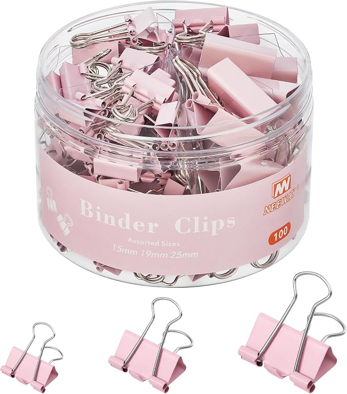 NEEWAY 100 Count Binder Clips Assorted Sizes, Paper Binder Clips (0.6inch 0.75inch 1inch), Metal Paper Clamps for Office and Home (Pink)